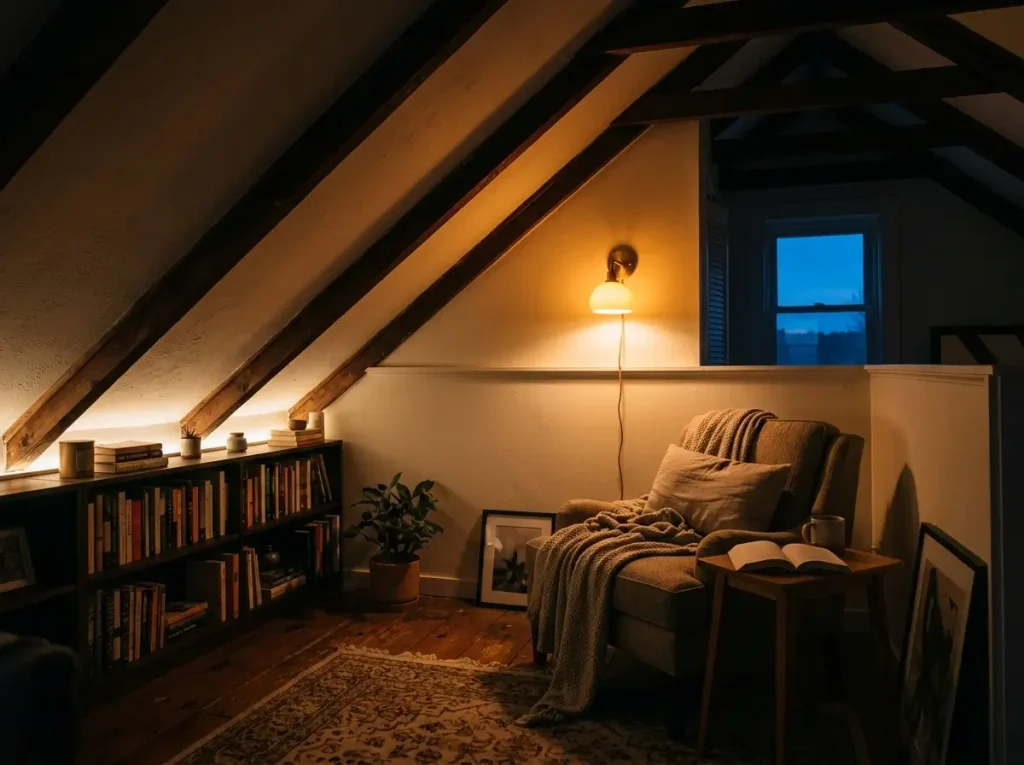 A beautifully lit room showcasing a small attic conversion before and after using warm plug-in sconces and LED strip lighting.
