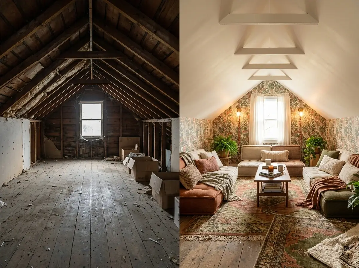 A split screen showing a small attic conversion before and after using renter-friendly decor and drill-free upgrades.