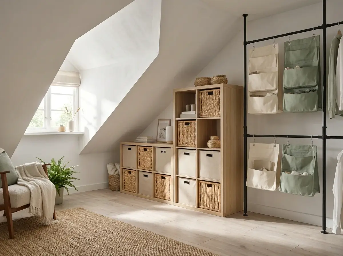 A brightly lit, beautifully organized room under a slanted ceiling demonstrating renter-friendly small attic storage ideas using freestanding shelves, woven baskets, and tension rods without damaging the walls.