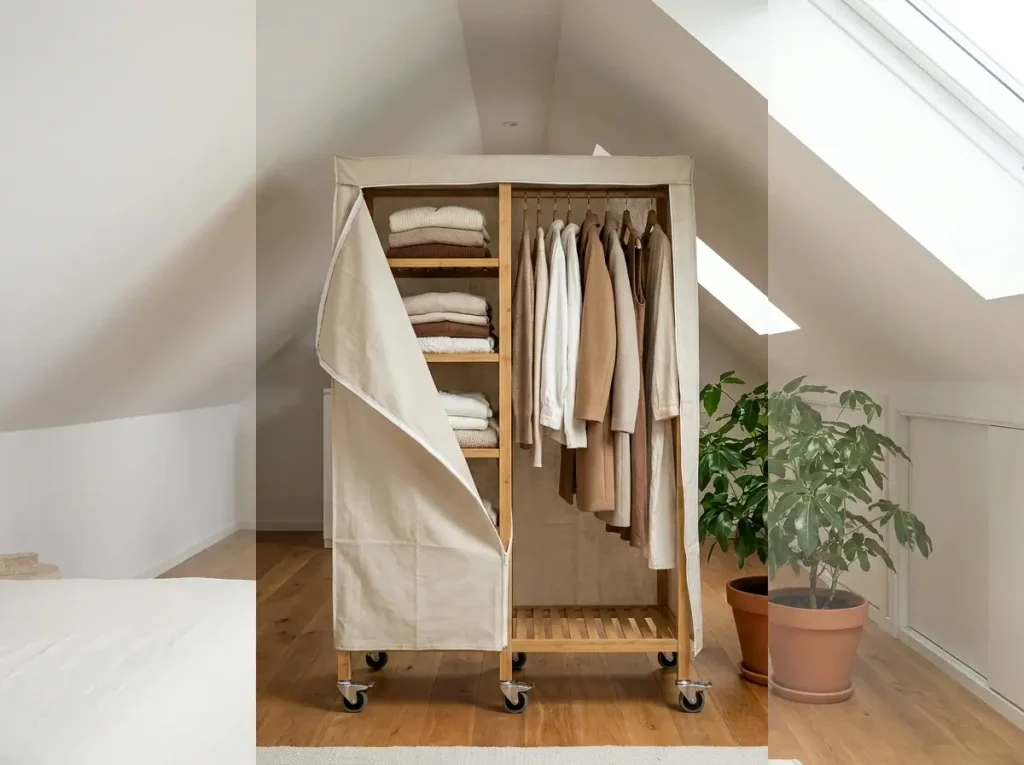 A freestanding bamboo garment rack with a neutral fabric cover positioned under the highest ceiling peak, demonstrating clever small attic closet ideas for a renter-friendly bedroom.