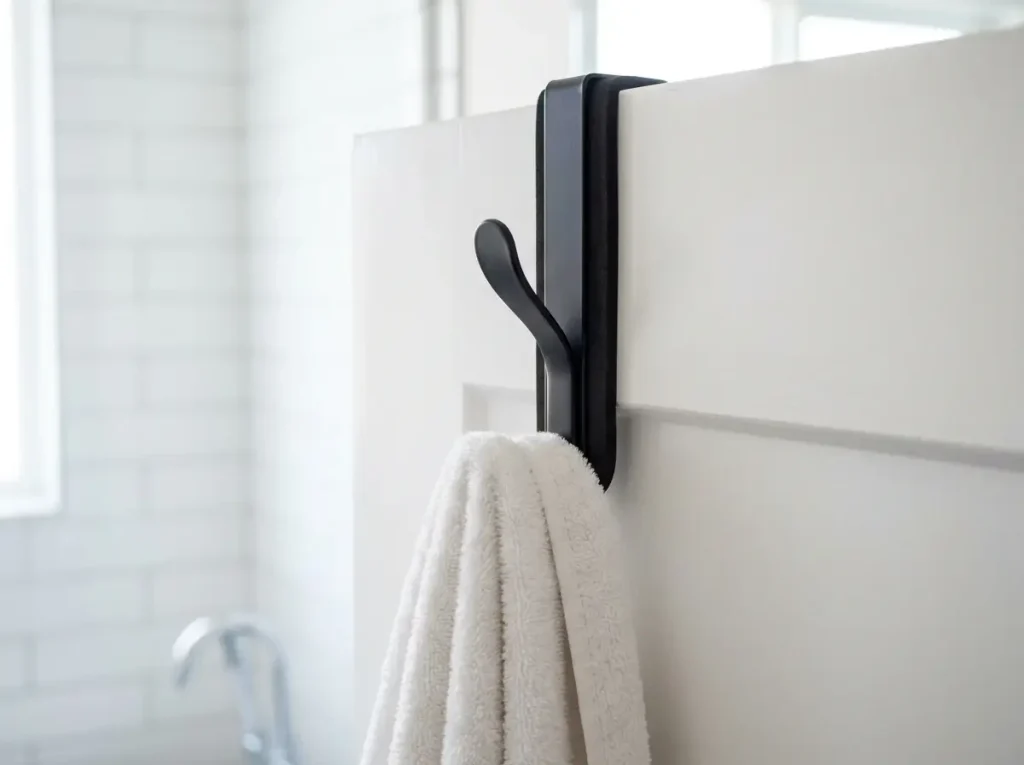 A matte black over-the-door hook securely holding a heavy wet towel, demonstrating a safe method for drill-free bathroom storage.