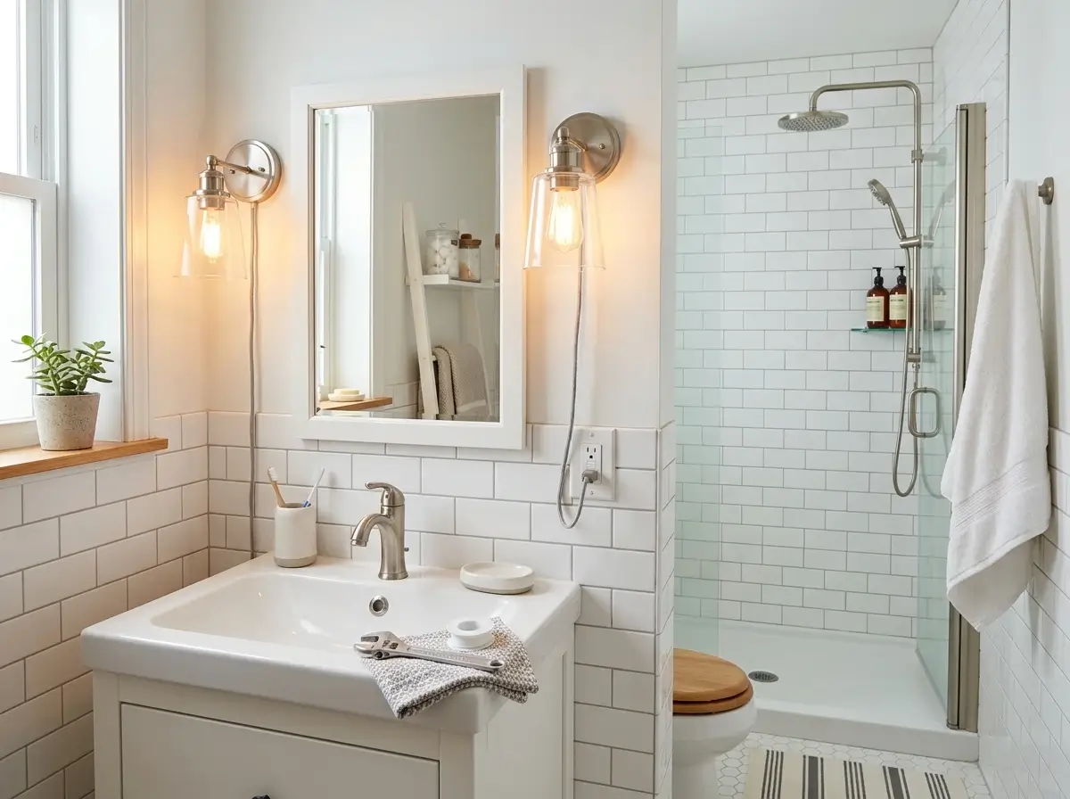 A modernized rental bathroom featuring updated rental bathroom fixtures including a new showerhead and plug-in lighting.