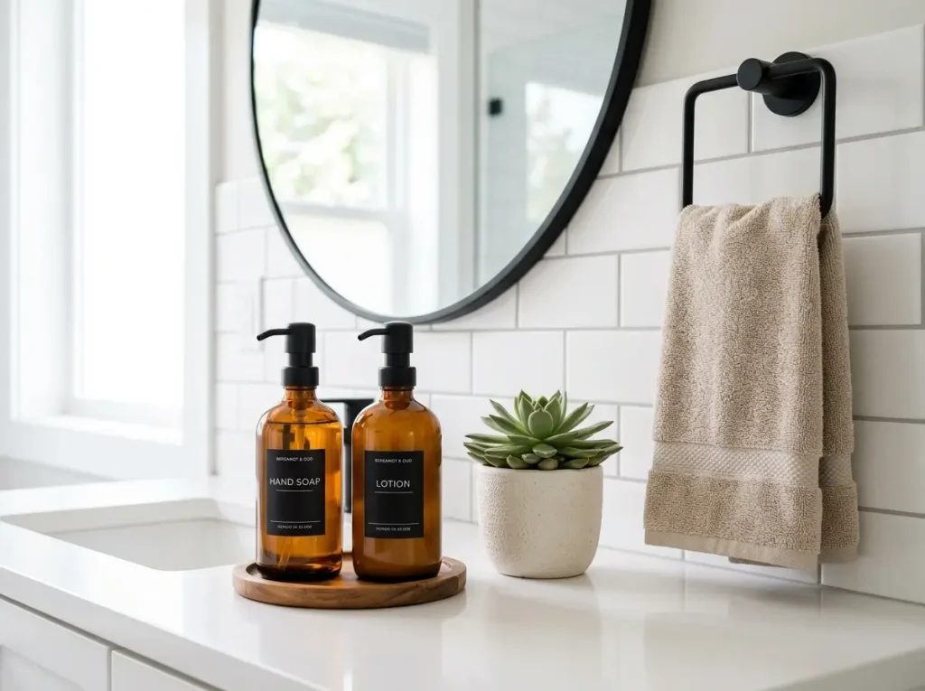 Modern bathroom accessories including amber glass dispensers and a black towel ring, highlighting affordable small bathroom renovation ideas.