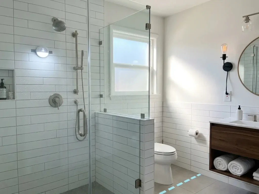 Safe placement of temporary rental bathroom fixtures in wet environments, showing a damp-rated shower light and a safely distanced plug-in vanity sconce.