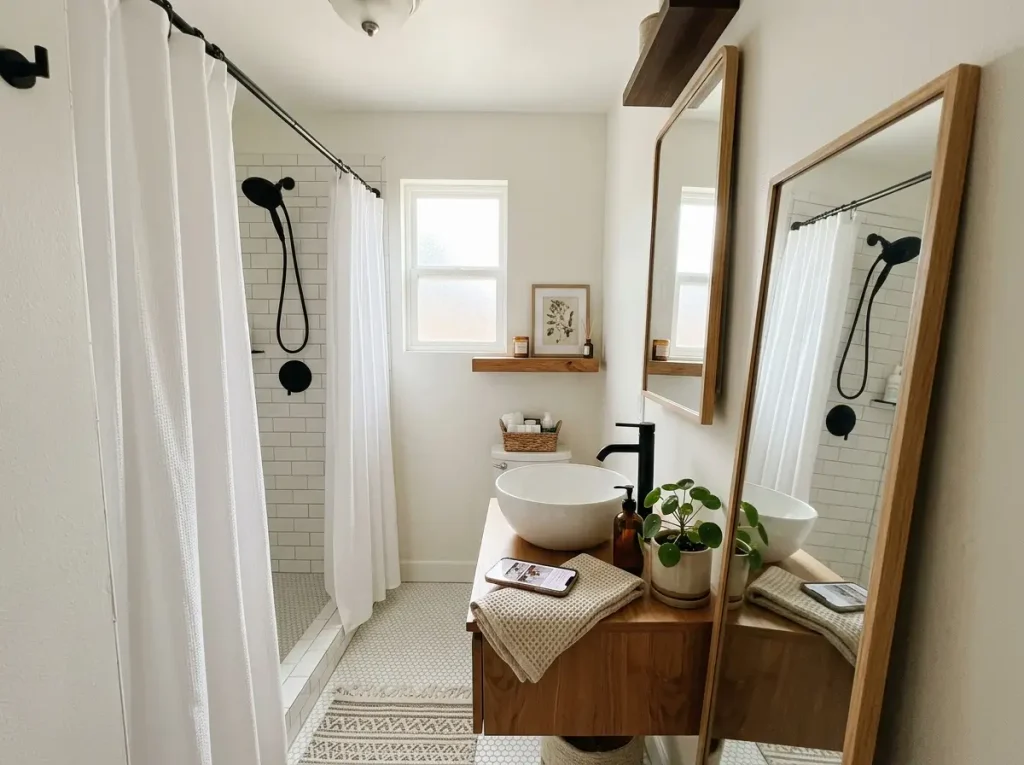 A beautifully completed rental bathroom makeover, inspiring renters to share these safe small bathroom renovation ideas.