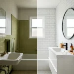 A before and after comparison showing how to safely cover rental bathroom tiles using damage-free temporary solutions.
