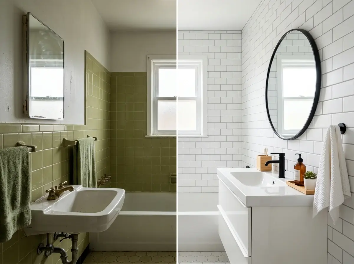 A before and after comparison showing how to safely cover rental bathroom tiles using damage-free temporary solutions.