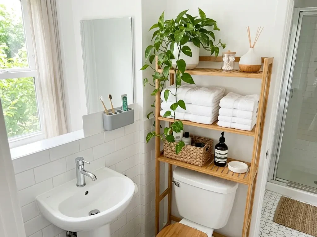 An beautifully organized rental bathroom utilizing a bamboo over-the-toilet rack and mirror-mounted organizers as drill-free bathroom storage.