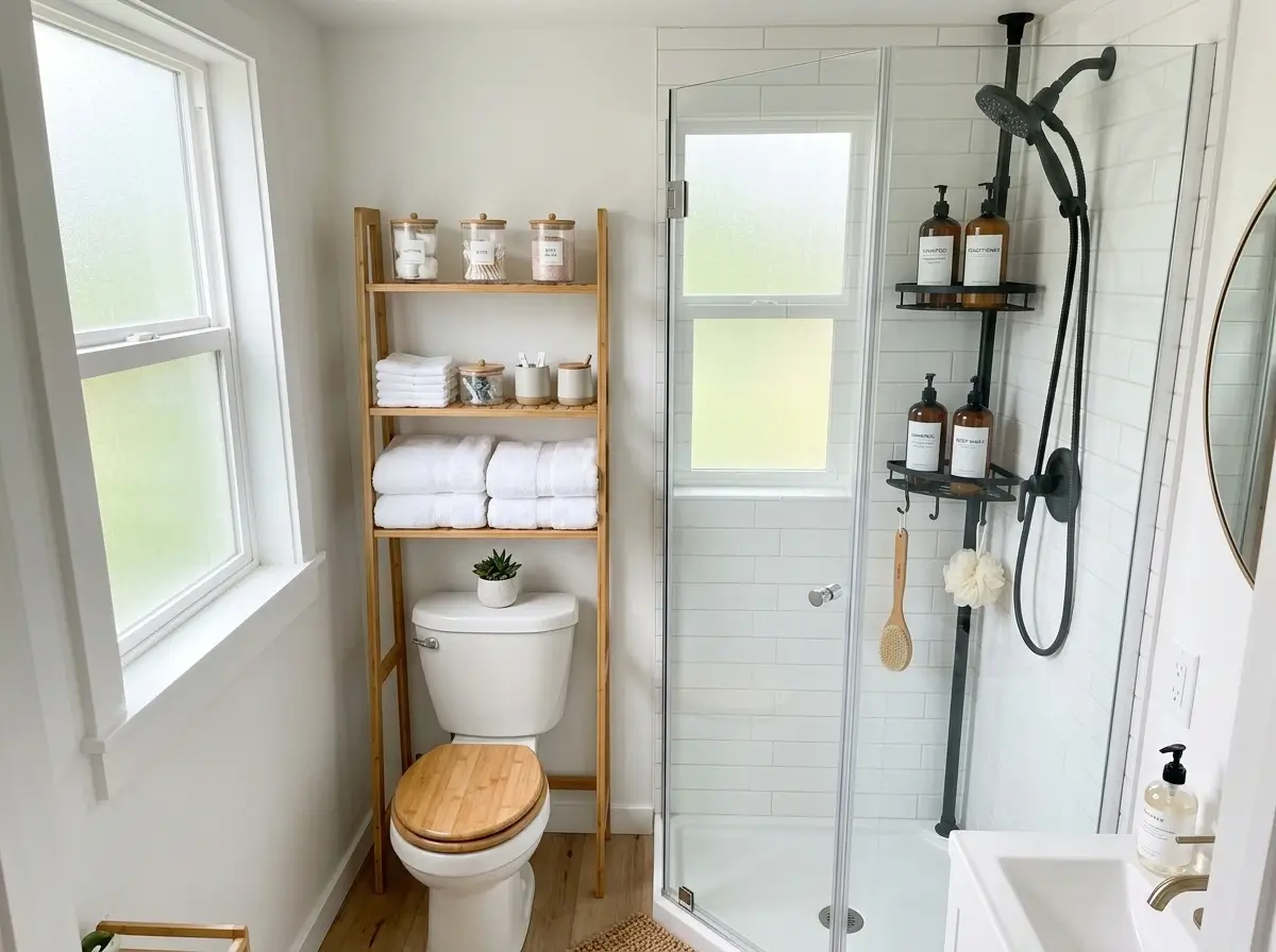 Drill-free small bathroom renovation ideas featuring an over-the-toilet bamboo shelf and a shower tension caddy.