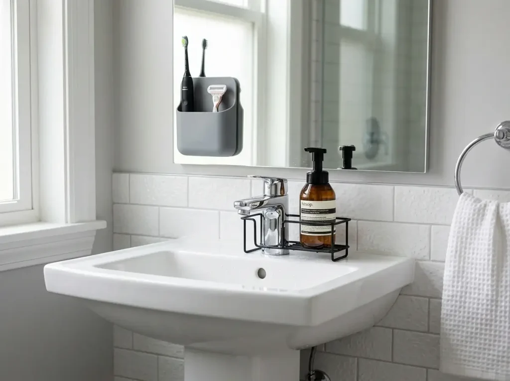 An over-the-faucet shelf and silicone mirror organizers used as drill-free bathroom storage to maximize space around a pedestal sink.