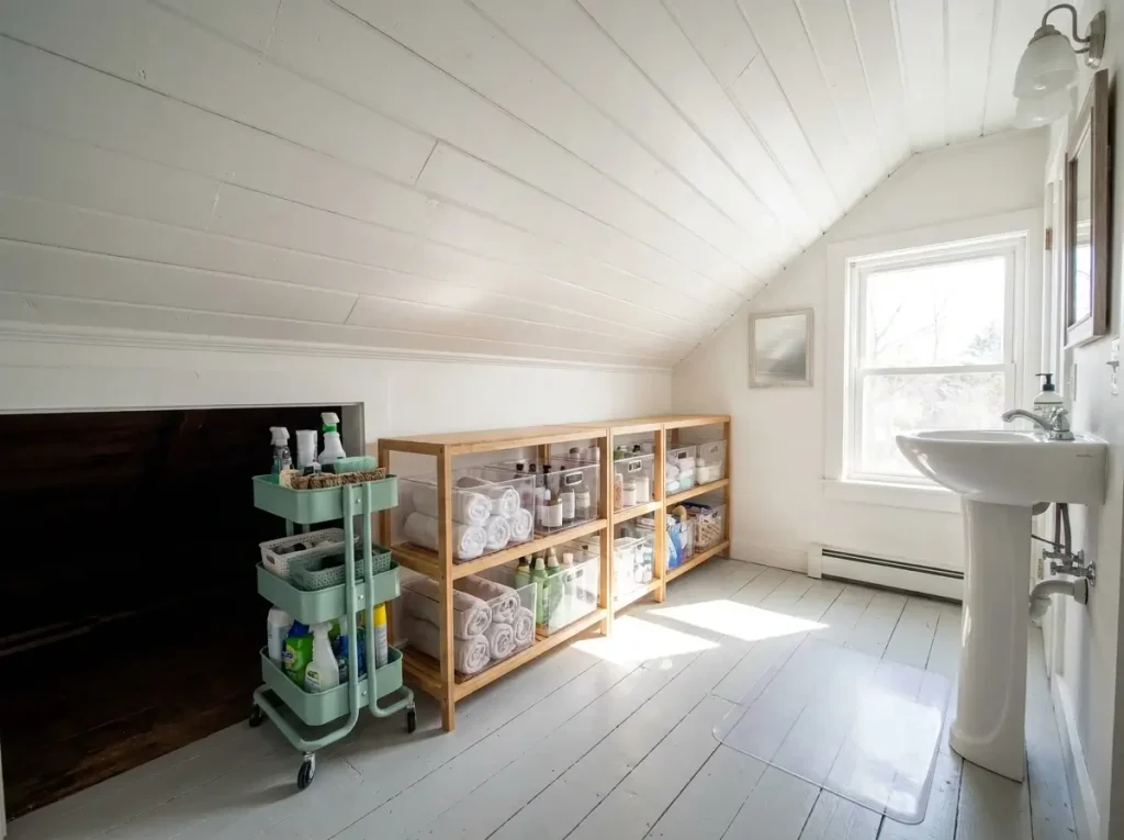 A highly organized space demonstrating small attic bathroom ideas with freestanding bamboo shelves and a rolling cart under a slanted roof.