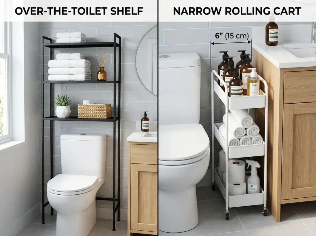 A side-by-side comparison of an over-the-toilet rack and a rolling utility cart used for drill-free bathroom storage in a small apartment.