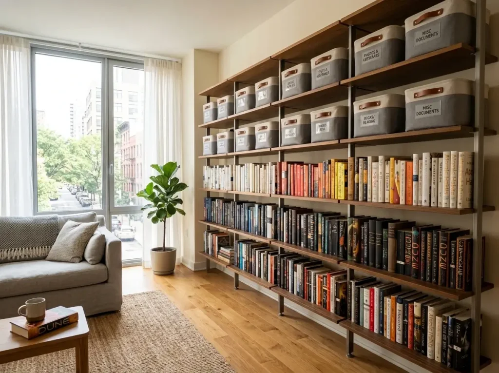 A tall floor-to-ceiling bookcase demonstrating the best apartment storage solutions by maximizing vertical space with modular bins.
