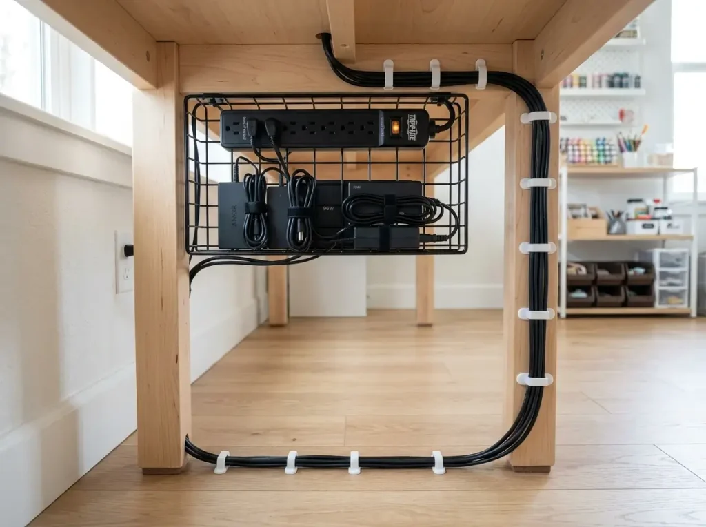 A wire management tray and adhesive clips safely organize cables in a small hobby room.