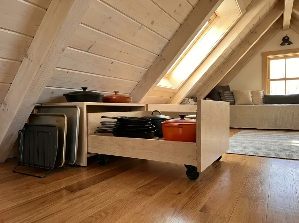 Slide-out floor bins hold heavy cast iron pots, demonstrating clever small loft kitchen ideas for low knee walls.