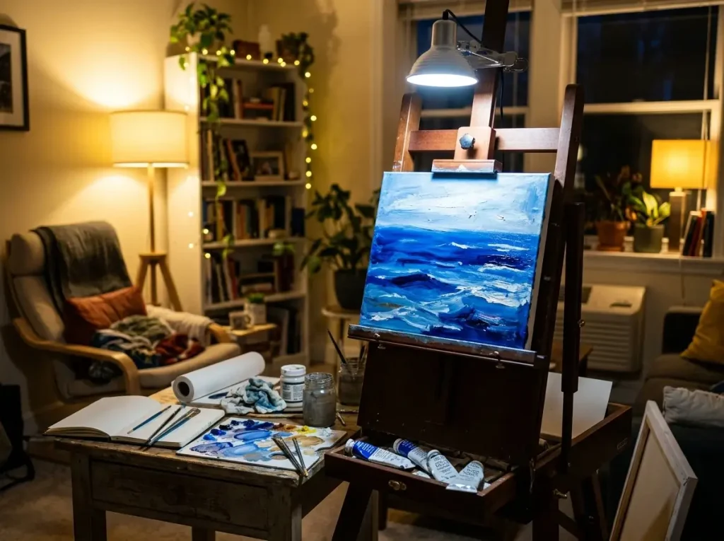 A well-lit small apartment art studio using a clamp light with daylight LED bulbs for accurate color mixing.