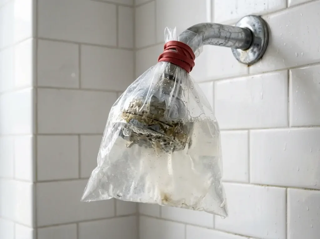 A renter using a vinegar soak to safely loosen calcified rental bathroom fixtures to prevent breaking the pipe.