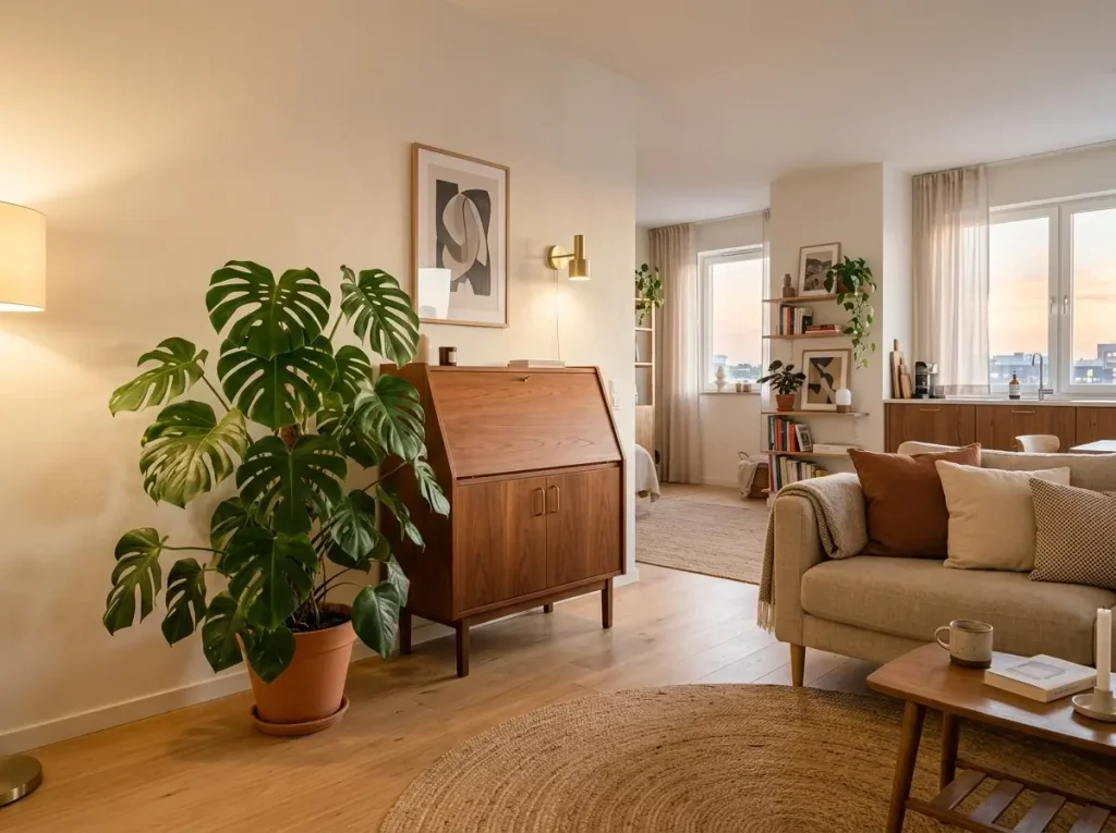 A closed mid-century secretary desk demonstrating open flex room ideas for a hidden home office in a small apartment.