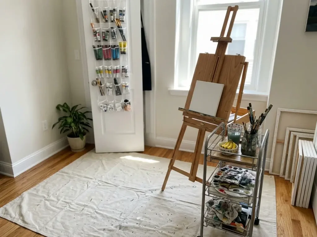 A folding easel and protective drop cloth demonstrating diy small craft room ideas for a corner art studio.