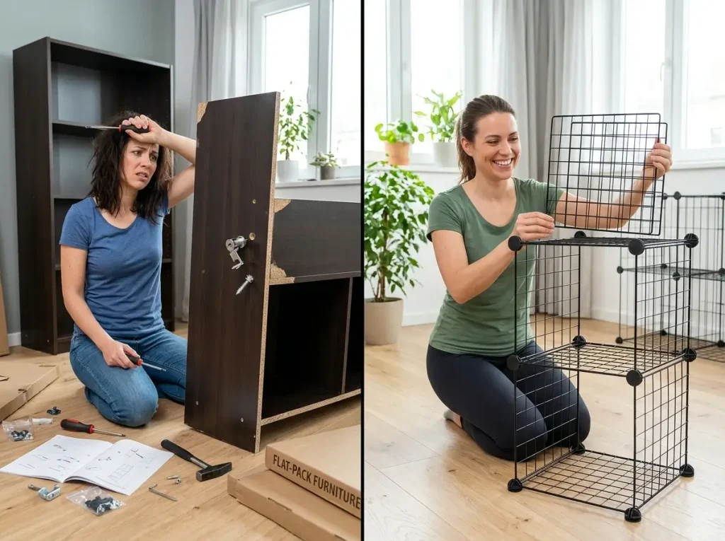 A visual comparison showing why lightweight modular systems survive moves much better than solid flat-pack portable storage furniture.