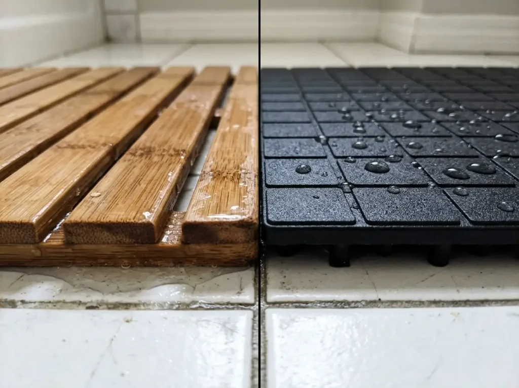 A side-by-side hygiene comparison of bamboo mats versus PVC plastic drainage tiles used to safely cover rental bathroom tiles.