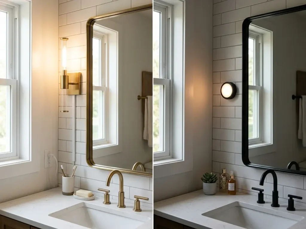 A side-by-side comparison of plug-in sconces and battery-operated puck lights to help choose the best rental bathroom fixtures for apartment vanity lighting.