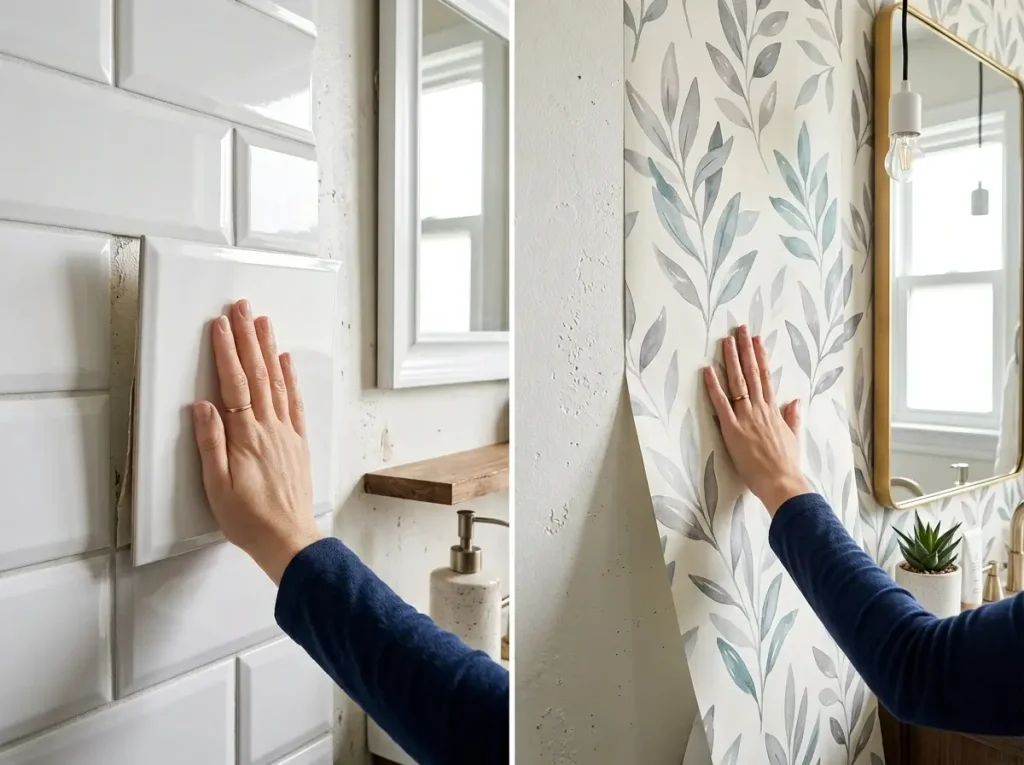 A visual comparison of using 3D vinyl tiles versus removable wallpaper to safely cover rental bathroom tiles.