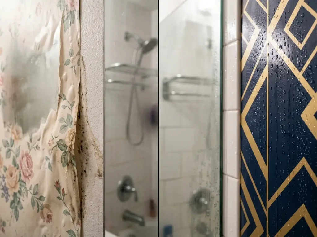 A side-by-side comparison showing why you must use moisture-rated vinyl instead of standard paper to cover rental bathroom tiles and walls.
