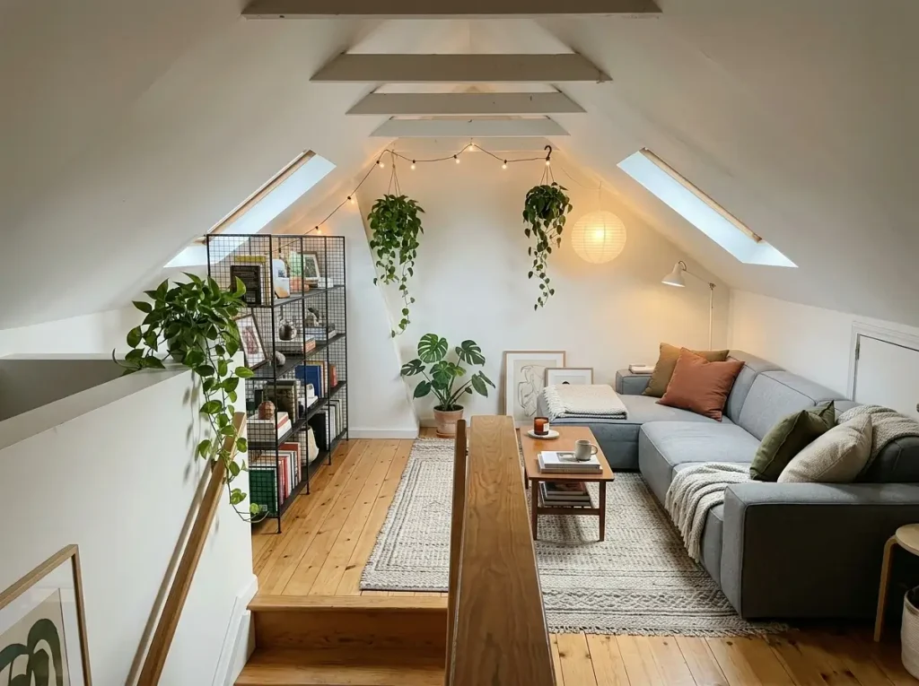 A beautiful room showcasing the final reveal of a small attic conversion before and after using modular renter-friendly furniture.