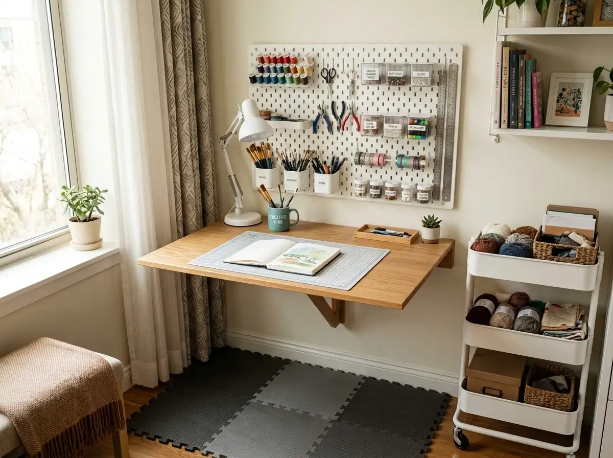 A well-lit small hobby room featuring a fold-down desk and damage-free pegboard organization on a white apartment wall.