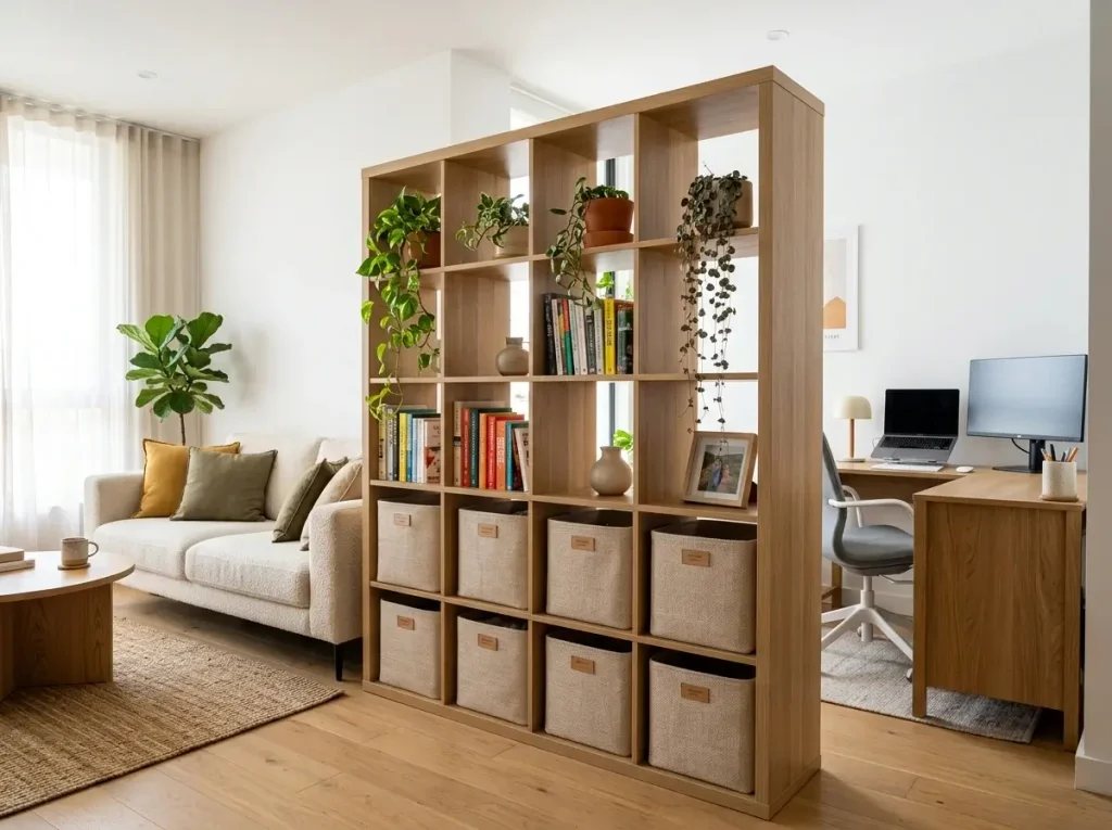 An open shelving unit used to separate a living room and home office, showcasing smart multipurpose room ideas for small apartments.