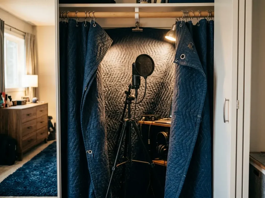 Hanging moving blankets in a closet is one of the most effective small bedroom music studio ideas for recording dry vocals.