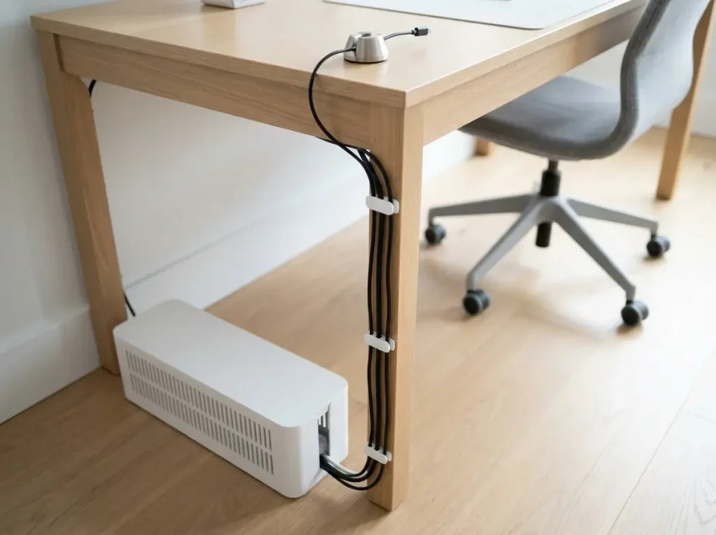A close-up of a neatly organized desk showing wires routed down the leg with adhesive clips into a floor box, illustrating practical small loft office ideas for hiding cords without drilling.
