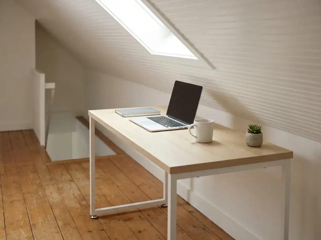 A bright attic workspace featuring a lightweight, narrow-profile desk with adjustable feet under a sloped ceiling, showcasing practical small loft office ideas for renters.