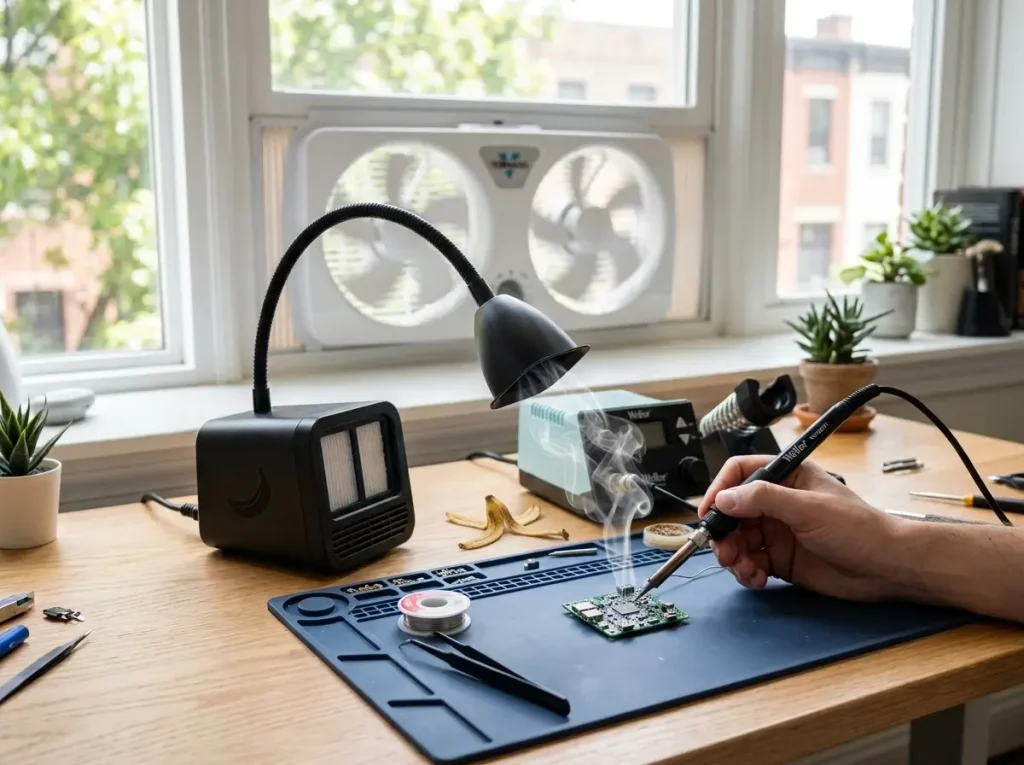 A desktop fume extractor running next to a soldering station to keep the air clean in a small hobby room.