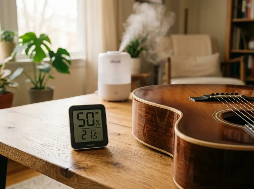 A digital hygrometer and room humidifier highlighting climate control for small guitar room ideas.