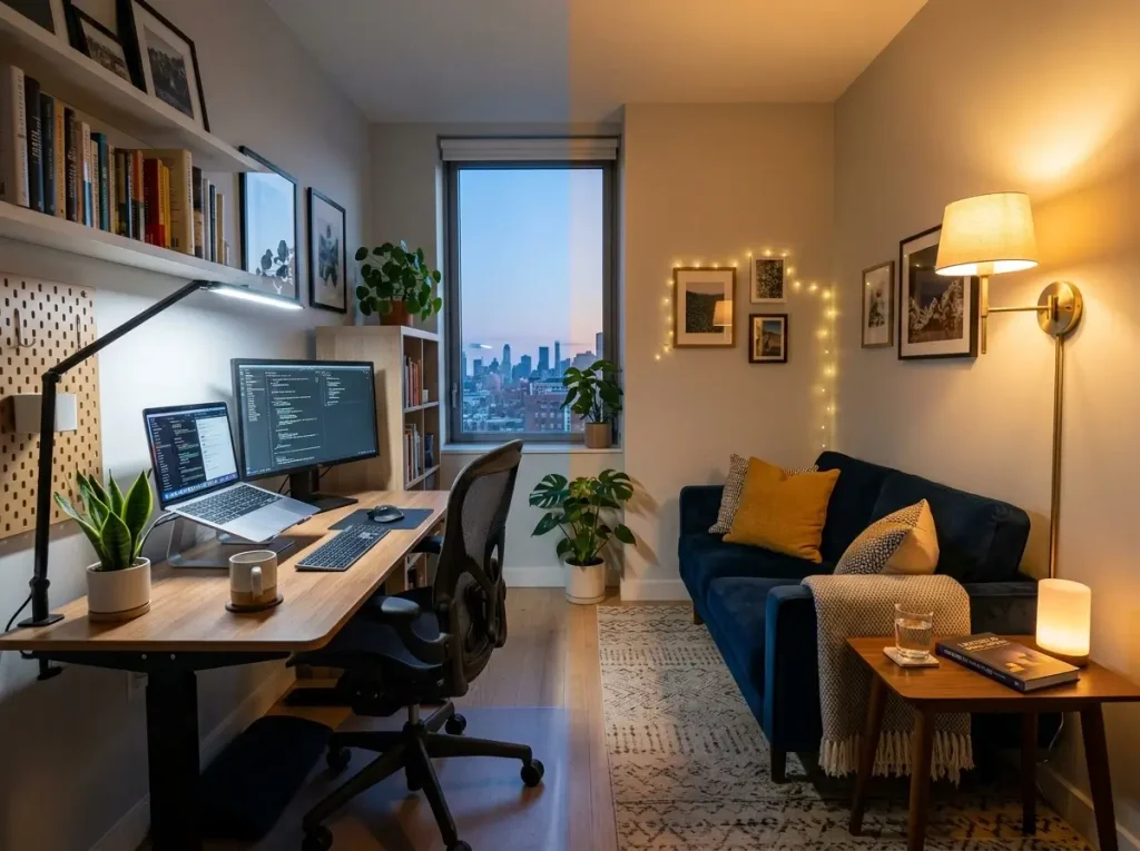 A split room showing cool office lighting and warm lounge lighting, demonstrating smart multipurpose room ideas.