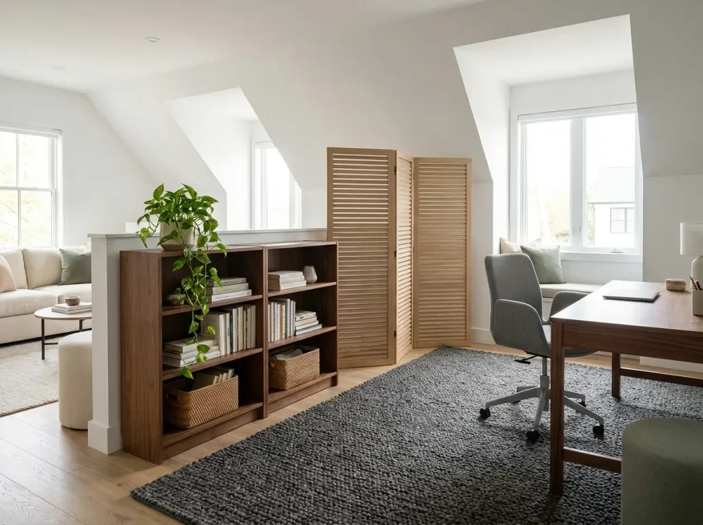 A beautifully zoned open-concept apartment demonstrating brilliant small loft office ideas, featuring a desk anchored by an area rug, a horizontal bookcase used as a low wall, and a folding screen separating the workspace from a cozy living area.