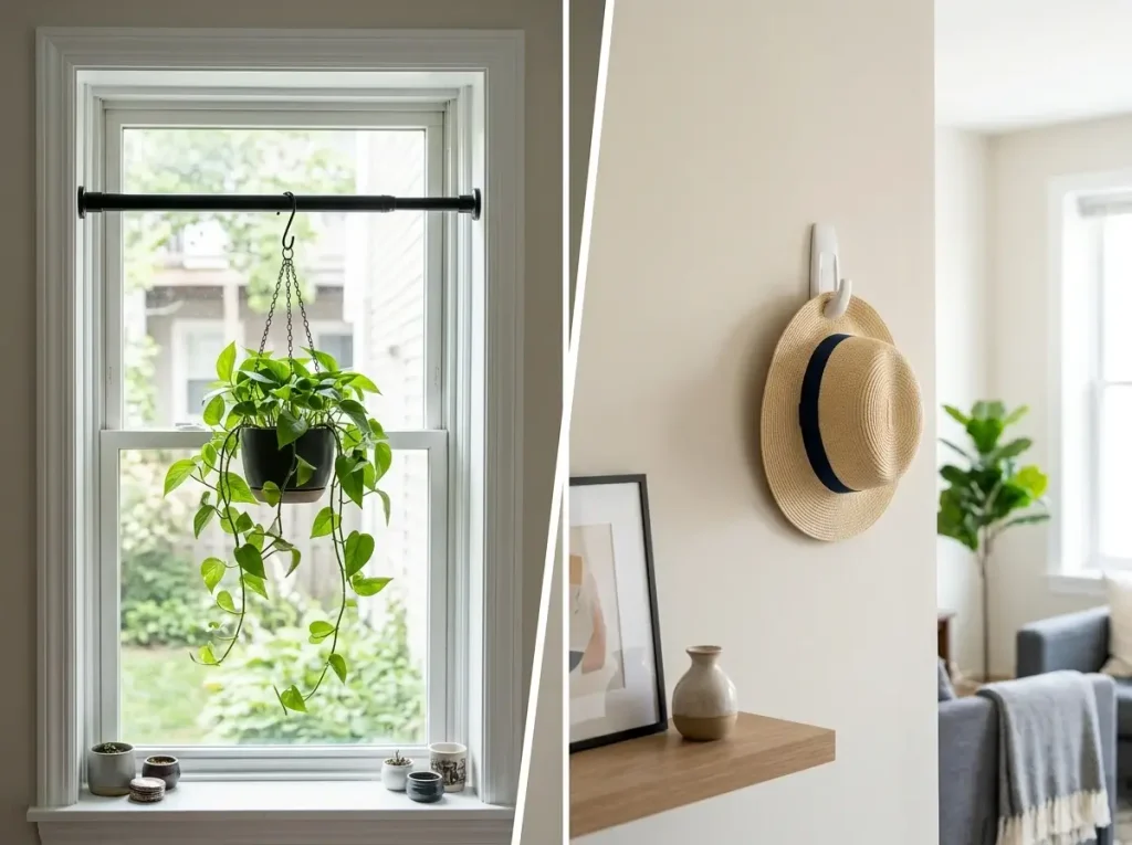 A side-by-side comparison of a heavy-duty tension rod and a removable adhesive hook used for drill-free storage in a modern apartment.