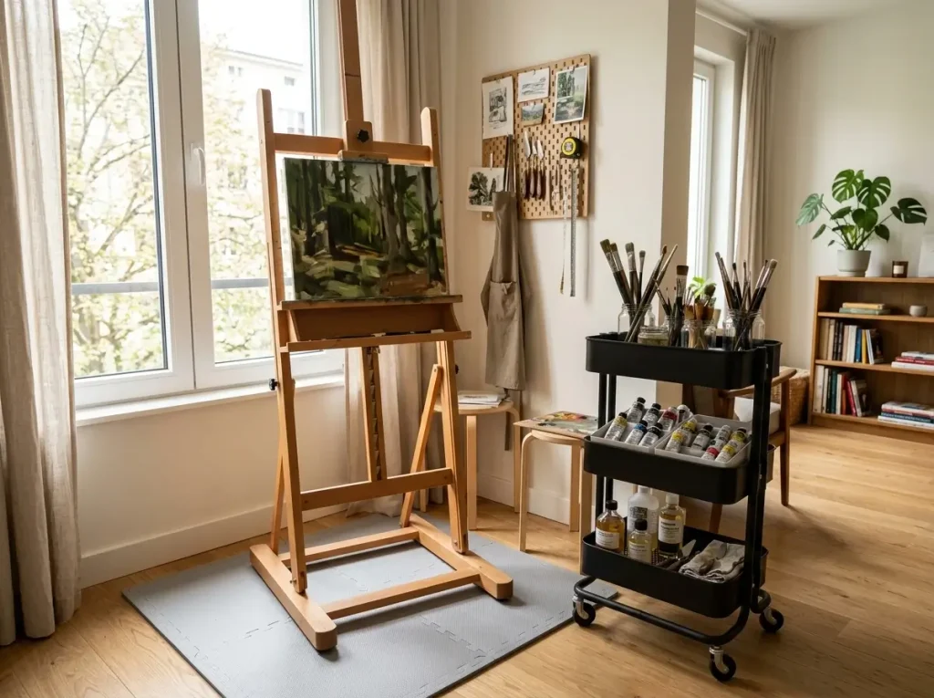 A well-lit small apartment art studio set up in a corner with an easel, rolling cart, and protective floor mats.