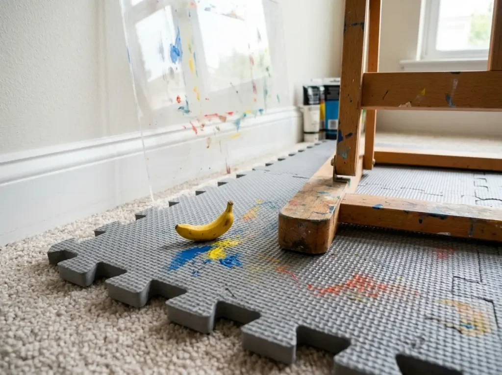 Heavy-duty interlocking foam floor mats protecting the carpet in a small apartment art studio.