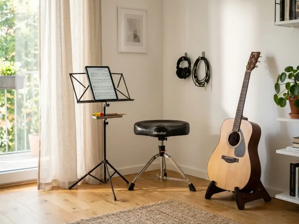 An armless practice stool and folding music stand highlighting ergonomic small guitar room ideas for tight spaces.