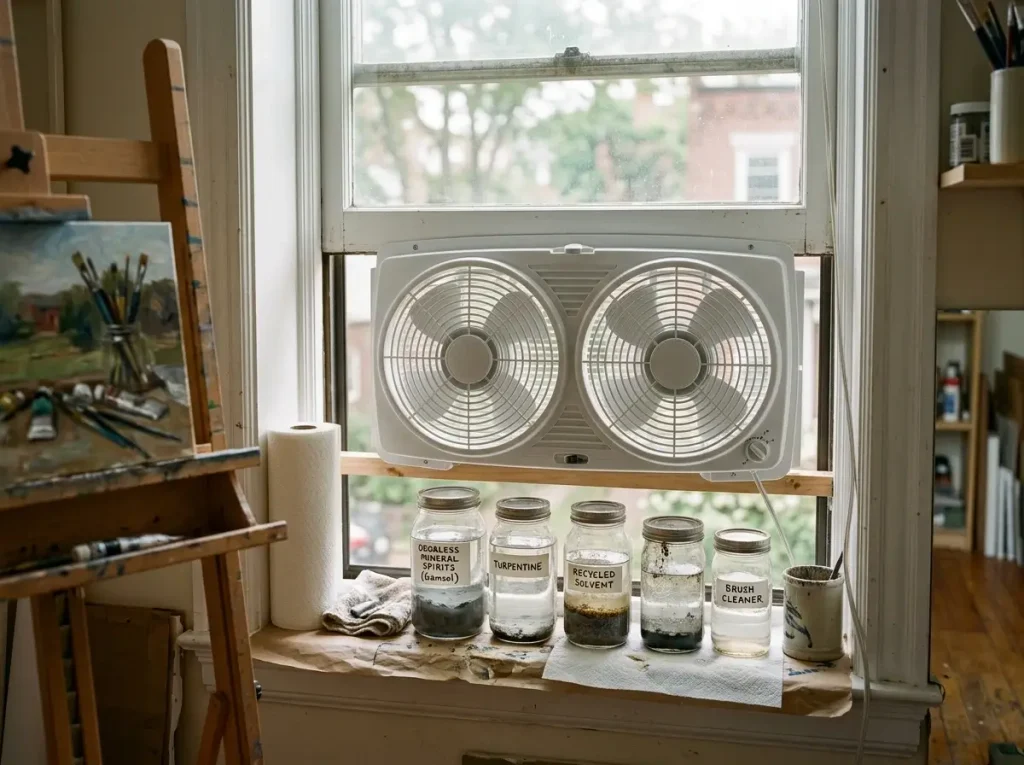 A window exhaust fan and sealed jars for safe solvent disposal in a small apartment art studio.