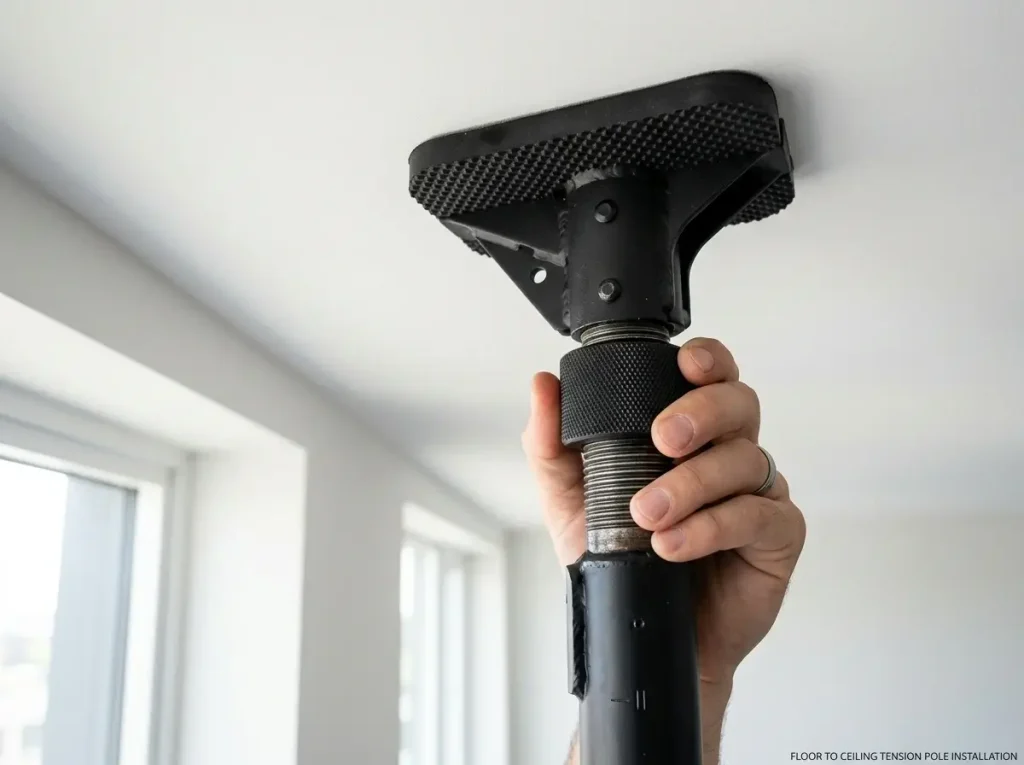 A close-up of a heavy-duty floor-to-ceiling tension pole being installed for maximum drill-free storage capacity without slipping.
