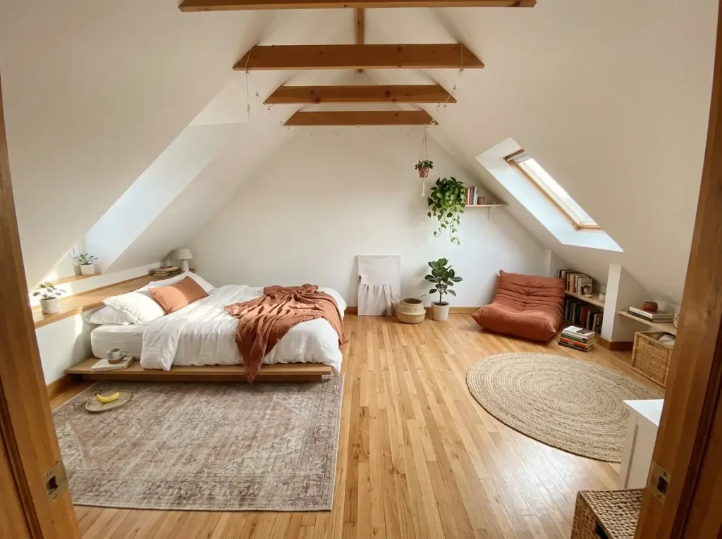An open floor plan showing a completed small attic conversion before and after with clear walkways and distinct living zones.