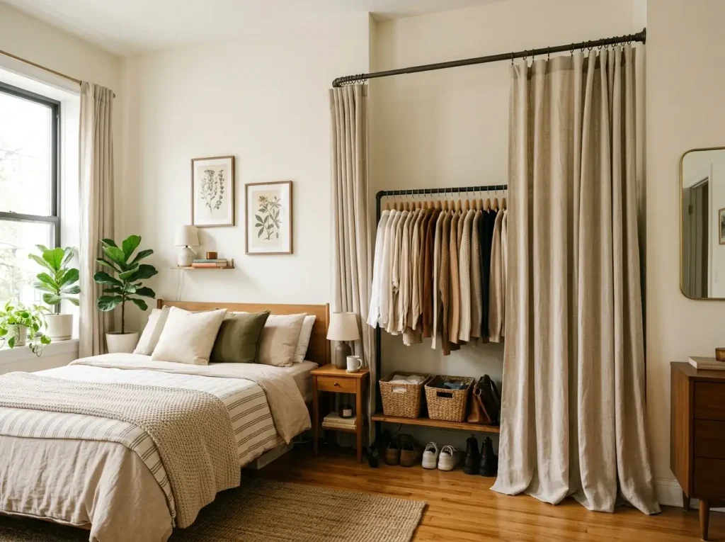 A freestanding wardrobe rack and tension rod curtain demonstrating the best apartment storage solutions for bedrooms without closets.