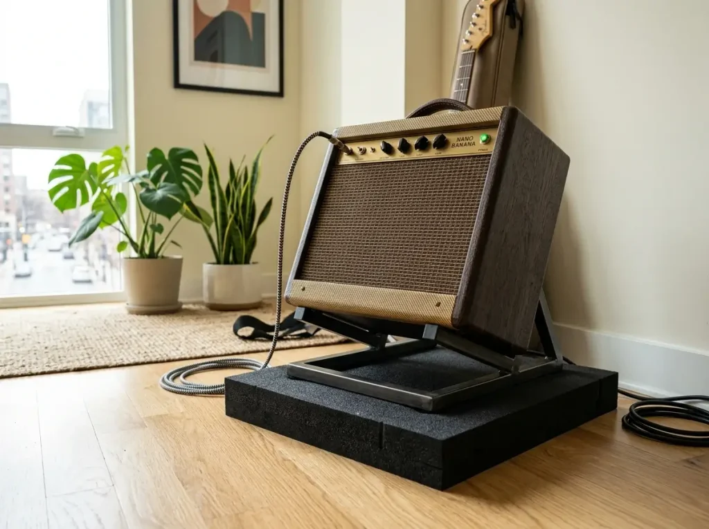 A decoupled amplifier on an isolation pad showcasing neighbor-friendly small guitar room ideas.