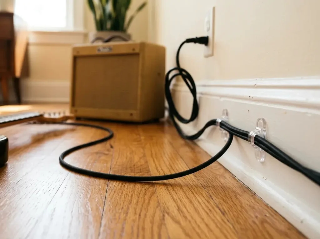 Neatly routed cables along a baseboard showcasing safe small guitar room ideas for renters.