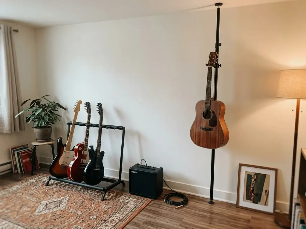 A multi-guitar floor rack and vertical tension pole demonstrating diy small craft room ideas for safe instrument display.