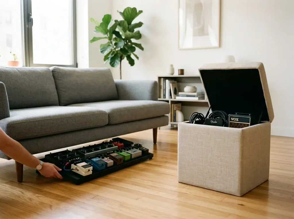 A pedalboard sliding under a sofa demonstrating hidden storage for small guitar room ideas.